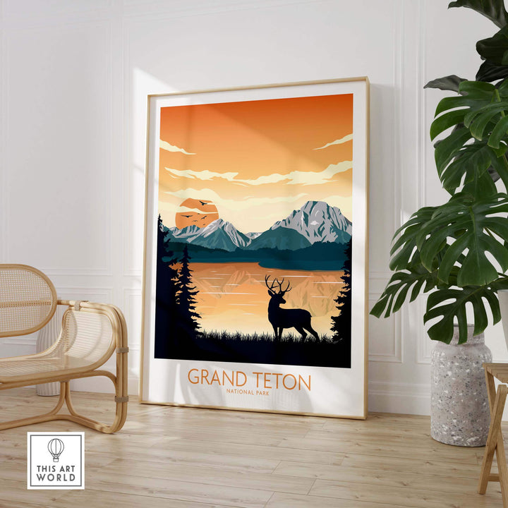 Grand Teton National Park minimalist poster featuring a scenic mountain view and deer silhouette.