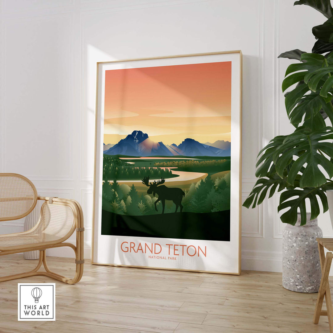 Grand Teton National Park art print showcasing minimalist design with a moose, mountains, and vibrant sunset colors.