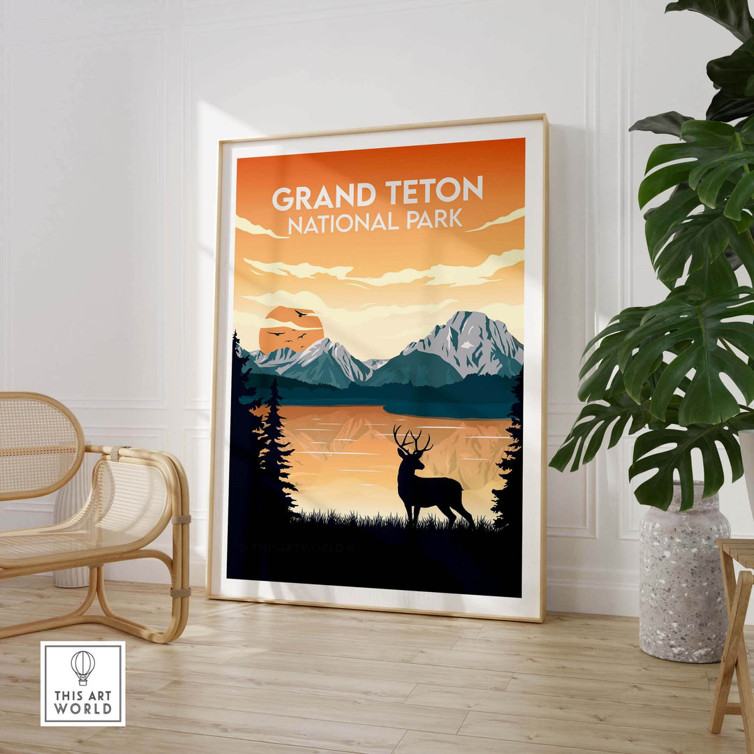 Grand Teton National Park poster featuring mountains, sunset, and elk with minimalist design in stylish interior.