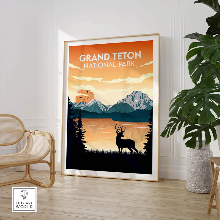 Grand Teton National Park poster featuring mountains, sunset, and elk with minimalist design in stylish interior.