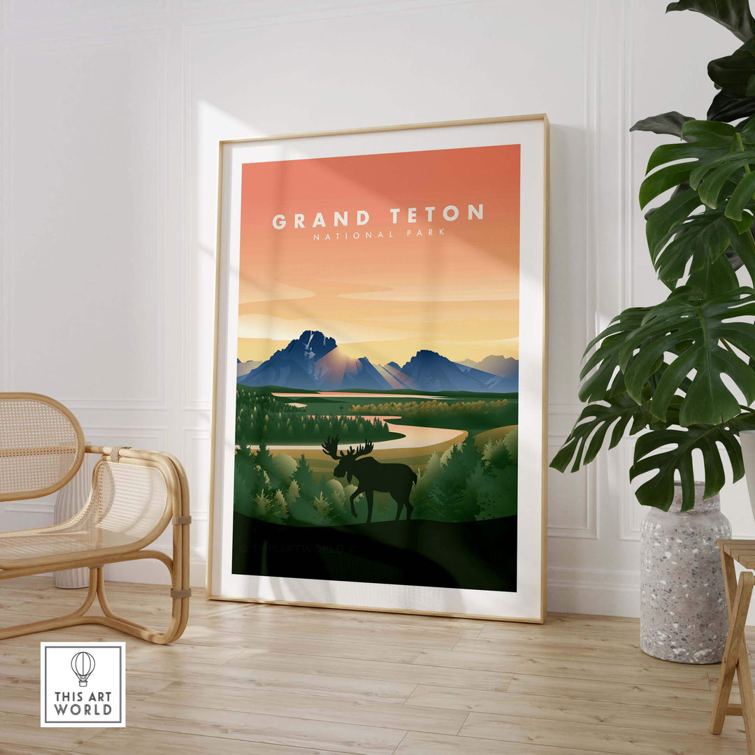 Framed Grand Teton National Park art print featuring a moose and mountain scenery, perfect for home or office decor.