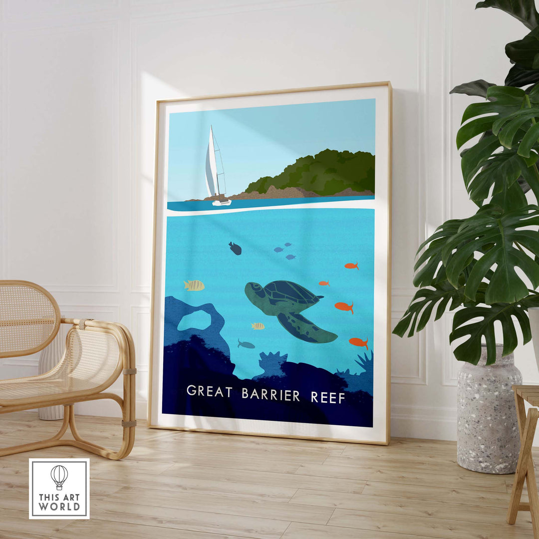 Great Barrier Reef Print featuring a turtle and a sailboat in a minimalist vintage style, perfect for travel lovers.