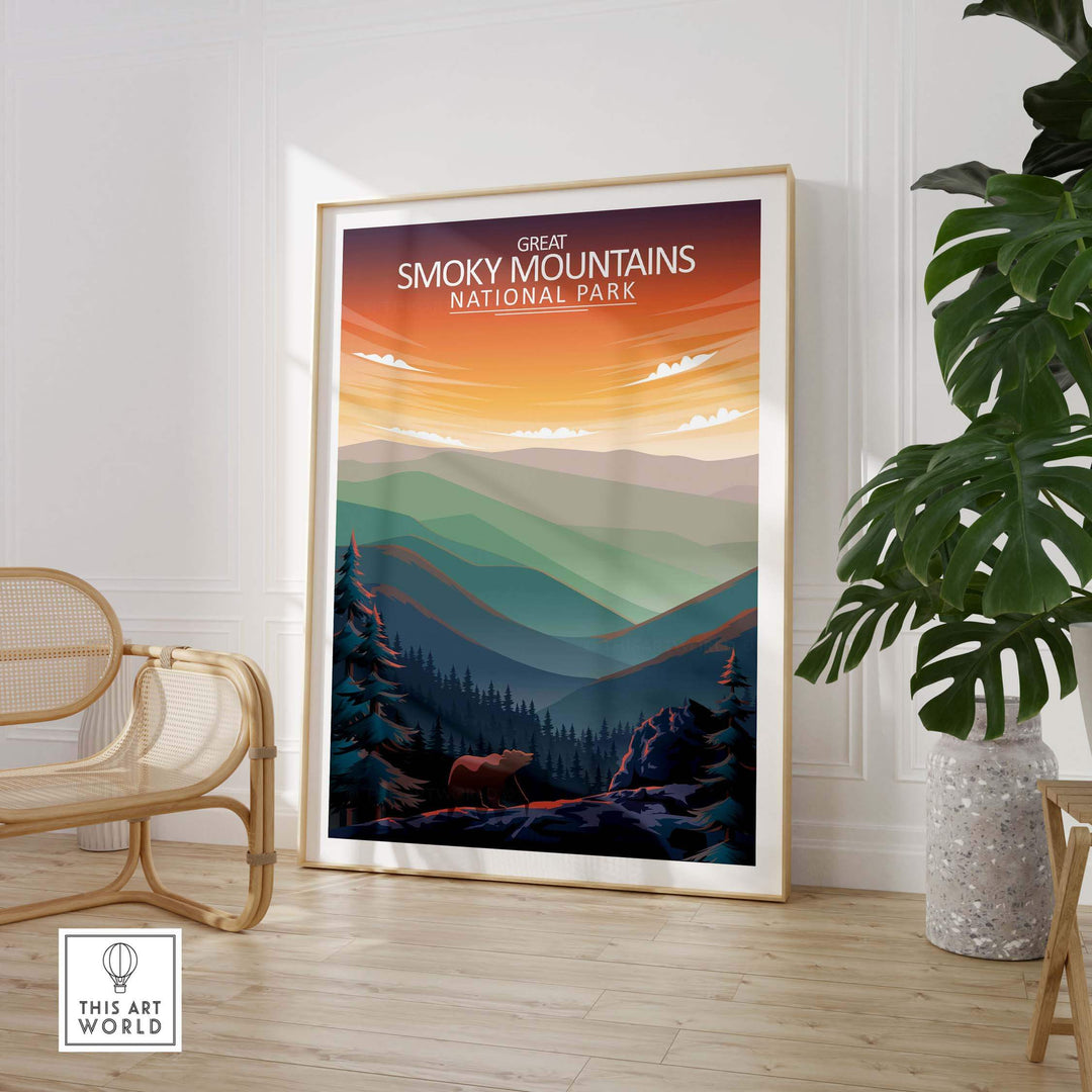 Great Smoky Mountains National Park poster in modern frame, showcasing vibrant sunset and serene landscape art.