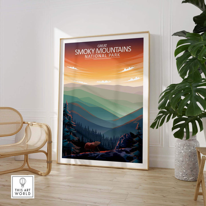 Great Smoky Mountains National Park poster in modern frame, showcasing vibrant sunset and serene landscape art.