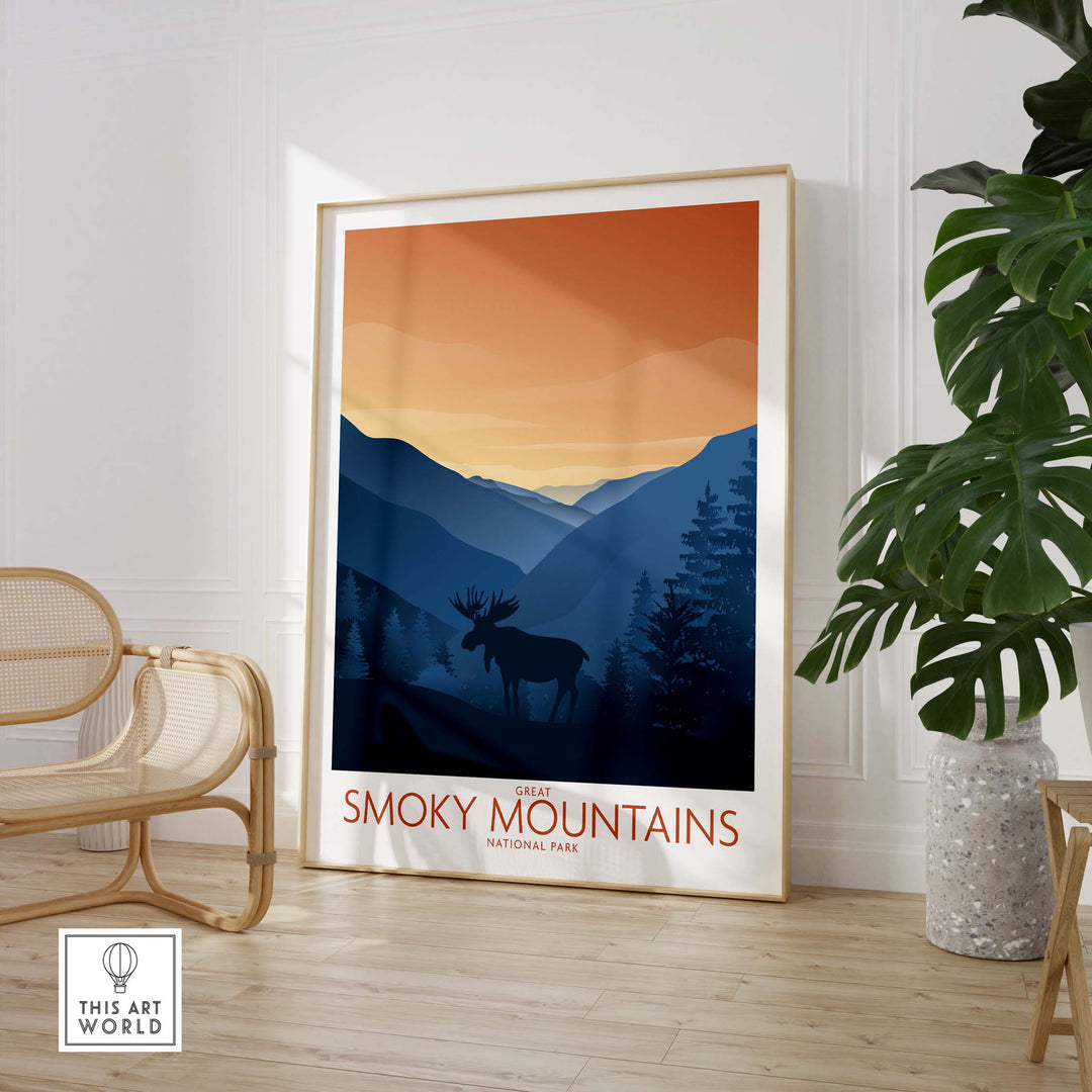 Smoky Mountains National Park art print featuring a moose silhouette and minimalist landscape design.