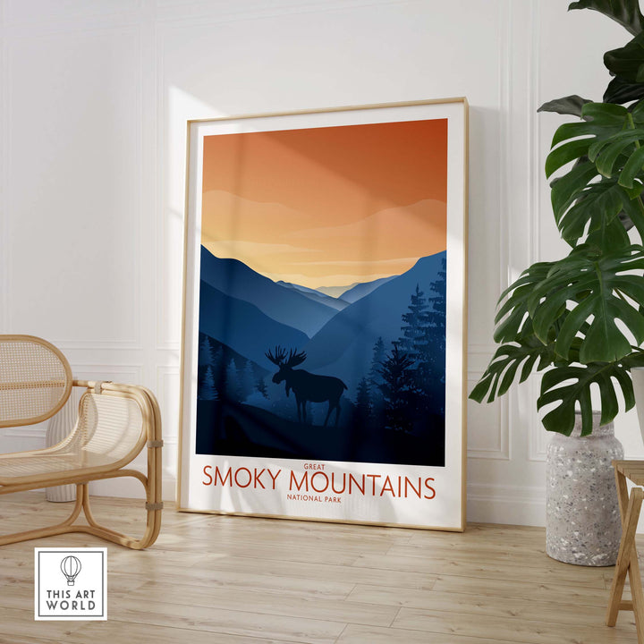 Smoky Mountains National Park art print featuring a moose silhouette and minimalist landscape design.