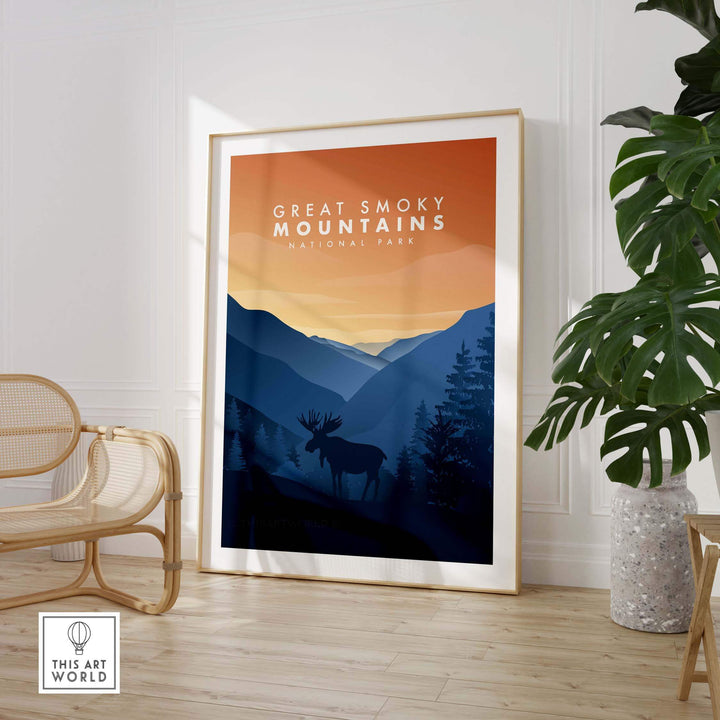 Great Smoky Mountains vintage travel poster art displaying a moose silhouette in a stylish interior setting.