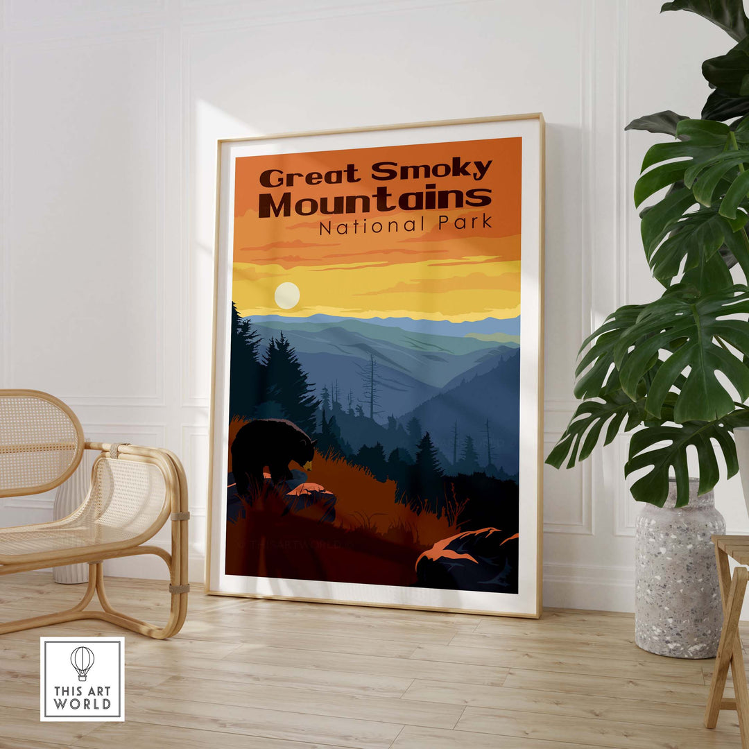 Vintage-inspired Smoky Mountains National Park print showcasing scenic landscapes and wildlife in a stylish frame.