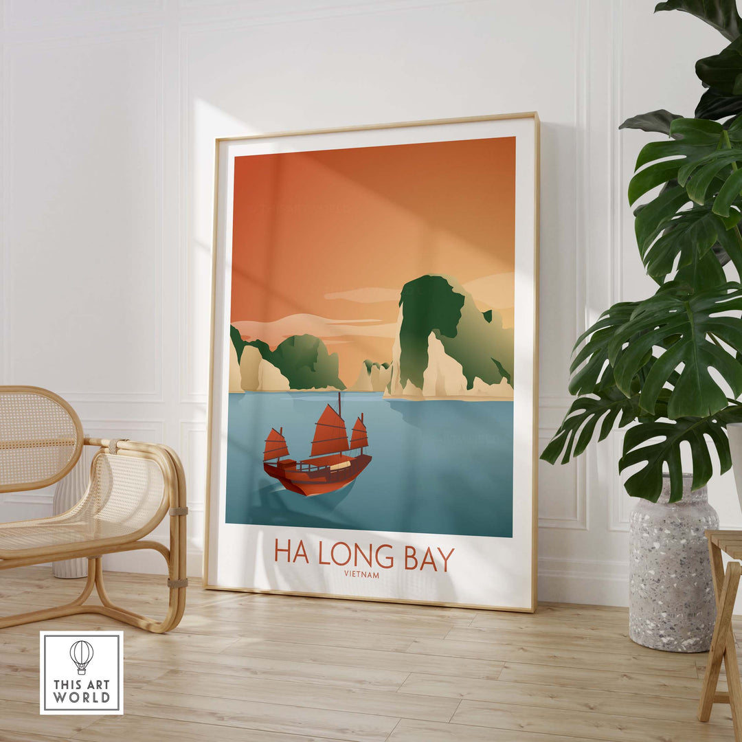 Ha Long Bay Vietnam print showcasing vintage travel art featuring a boat and lush landscapes.