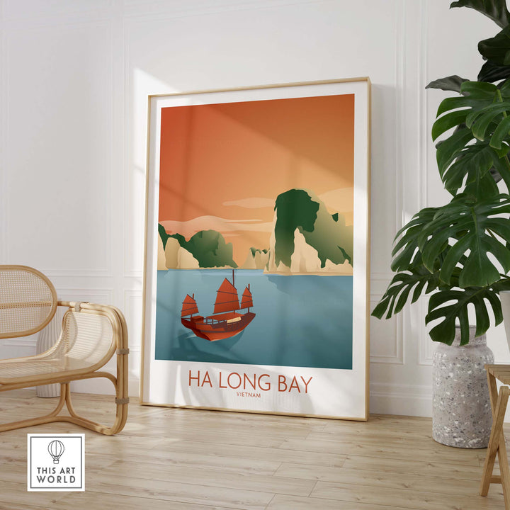 Ha Long Bay Vietnam print showcasing vintage travel art featuring a boat and lush landscapes.