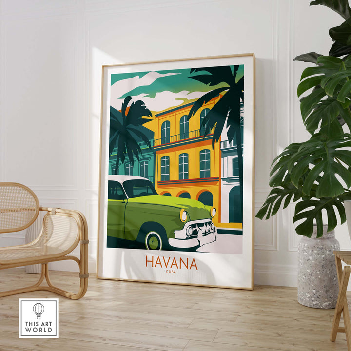 Havana Cuba poster print featuring vintage car and colorful architecture, perfect for stylish home decor.