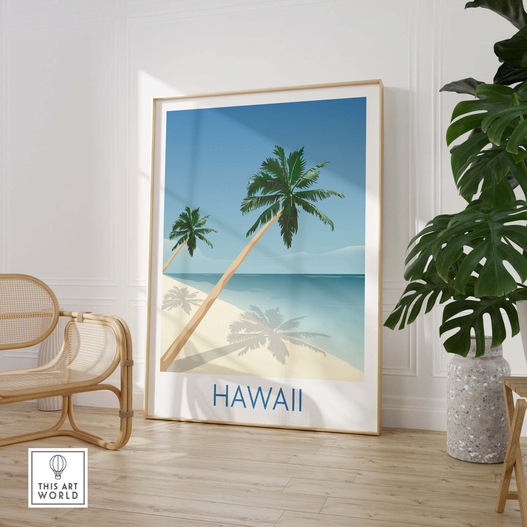 Hawaii Beach Wall Art Print featuring palm trees and tranquil ocean scene, perfect for home or office decor.