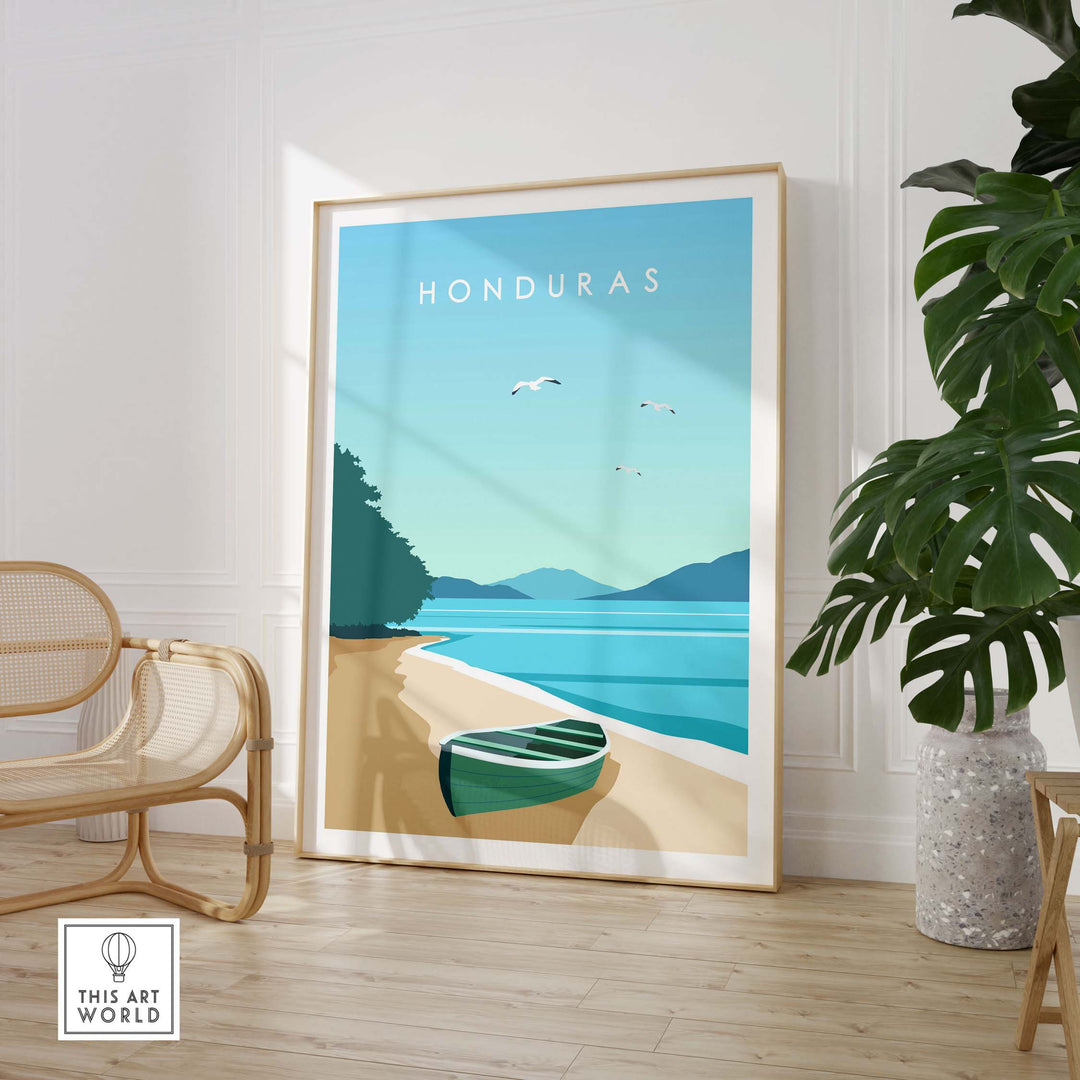 Honduras Print travel poster featuring a serene beach scene with a canoe, perfect for home or office decor.