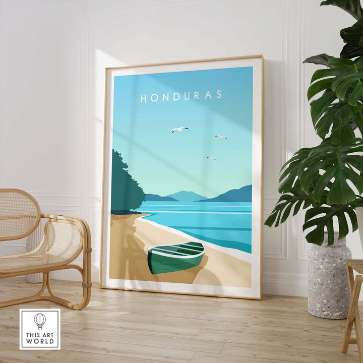 Honduras Print travel poster featuring a serene beach scene with a canoe, perfect for home or office decor.