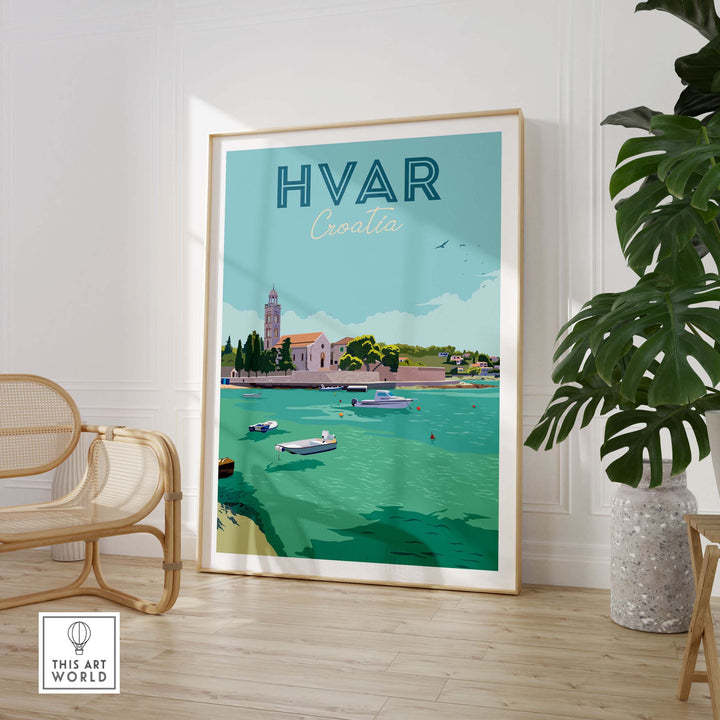 Hvar Croatia Print Poster Wall Art featuring a scenic view of Hvar with boats and greenery.