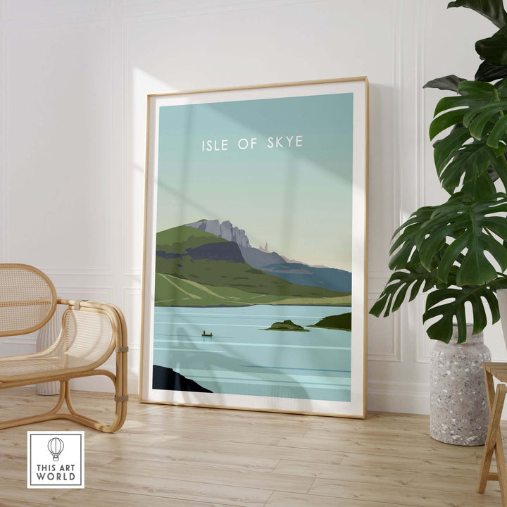 Isle of Skye poster print displayed in a modern home interior, showcasing serene landscape and vintage travel art.