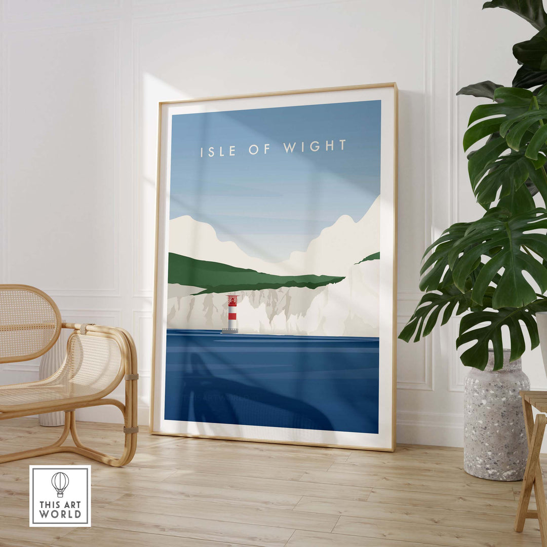 Isle of Wight wall art poster featuring cliffs and lighthouse in a stylish home decor setting.