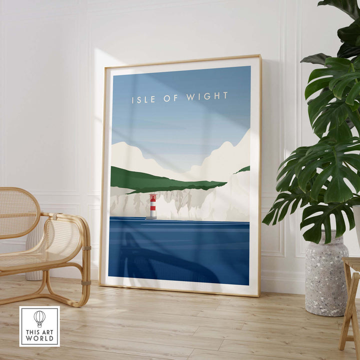 Isle of Wight wall art poster featuring cliffs and lighthouse in a stylish home decor setting.