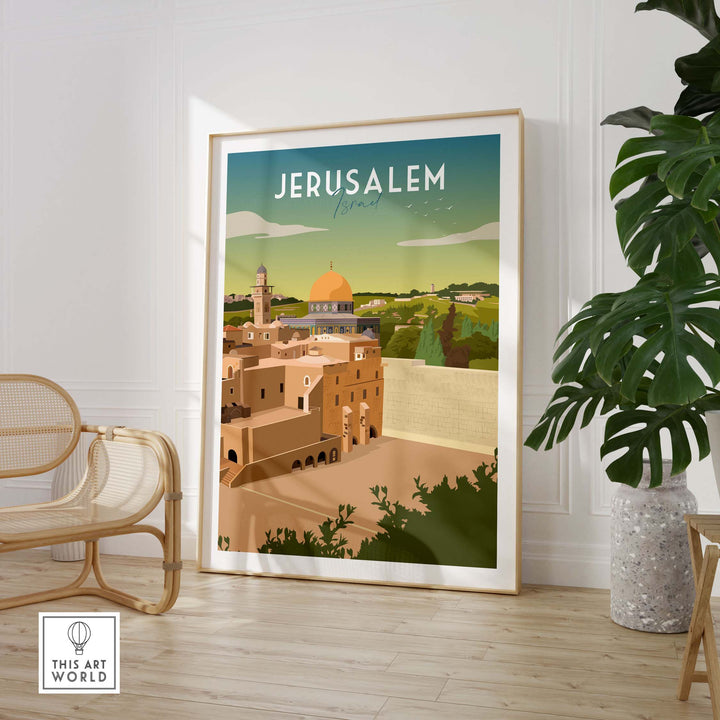 Framed Jerusalem travel poster print featuring a minimalist design and vibrant colors in a stylish interior setting.