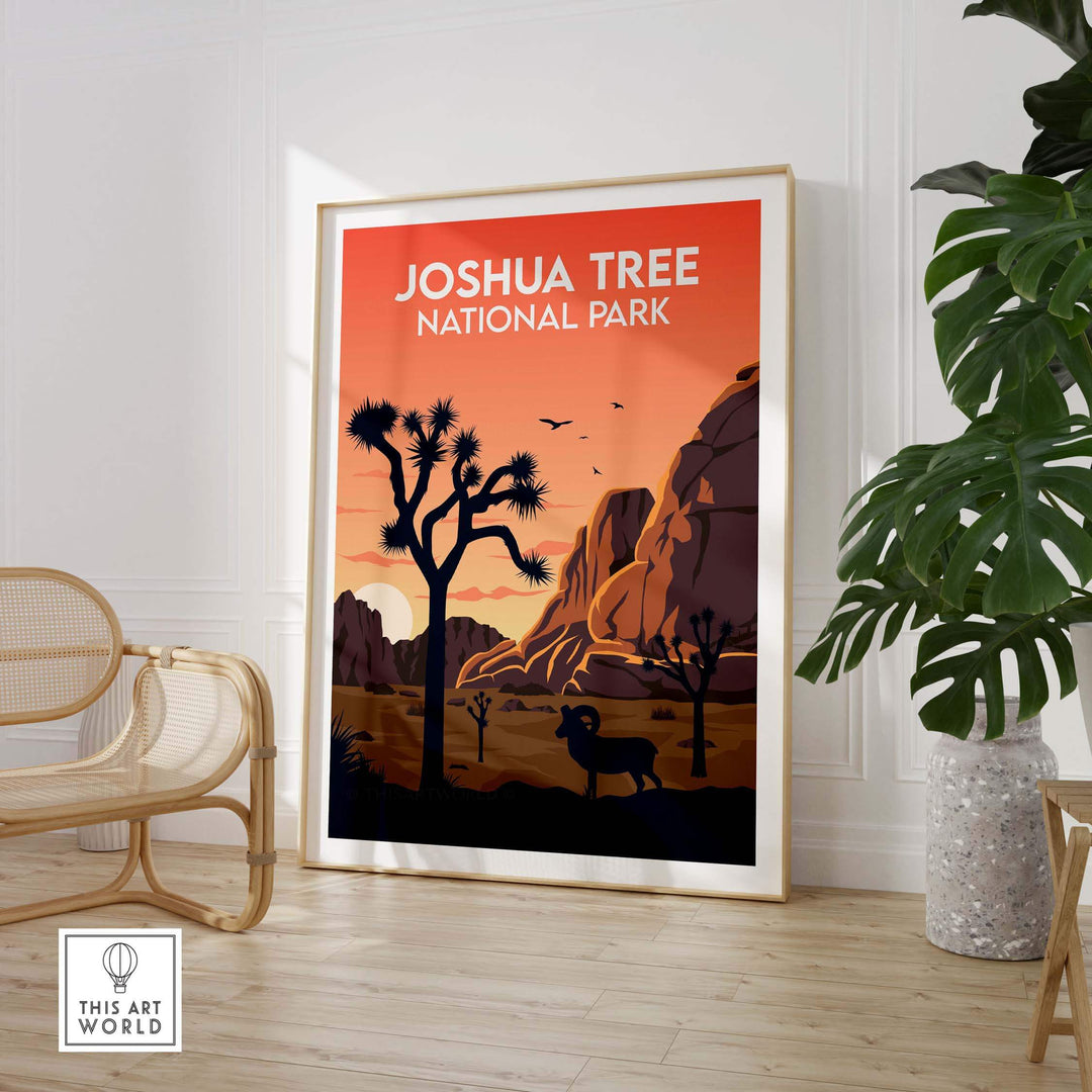 Joshua Tree National Park poster framed in a stylish home setting, showcasing desert scenery and wildlife.