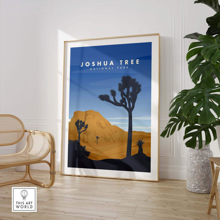Framed Joshua Tree National Park art print in a modern interior with desert landscape and stylish decor.