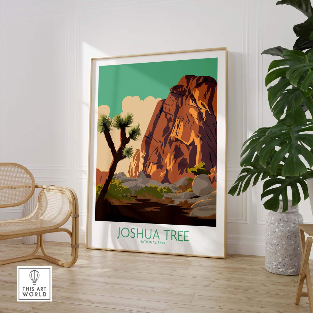 Joshua Tree Poster Print showcasing a vintage National Park design in a stylish indoor setting.