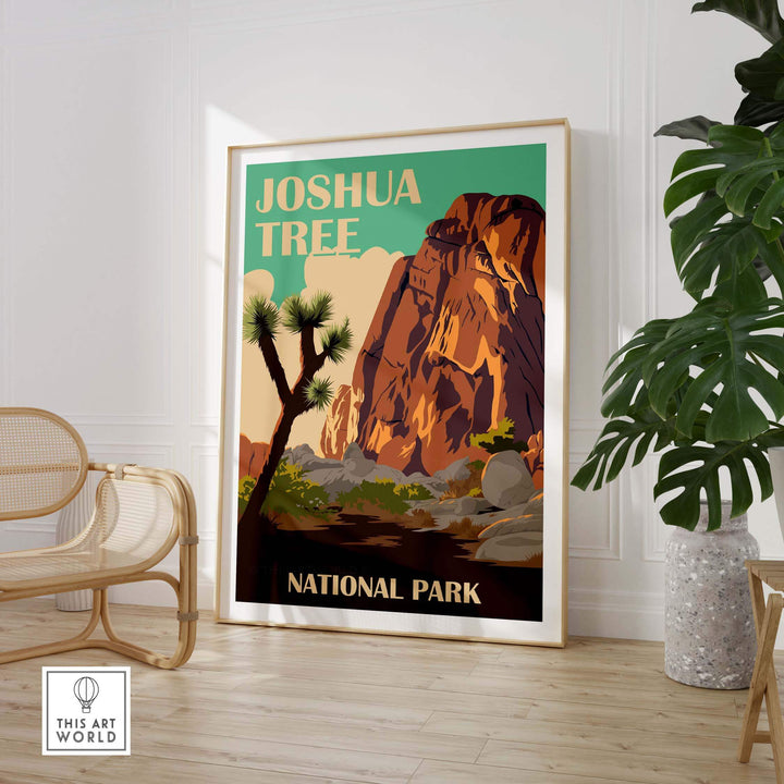 Framed Joshua Tree National Park print showcasing vintage-inspired artwork with desert landscape and iconic trees.