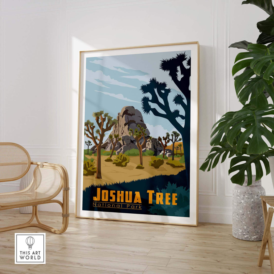 Stylish Joshua Tree National Park poster featuring iconic desert landscape in a modern interior setting.