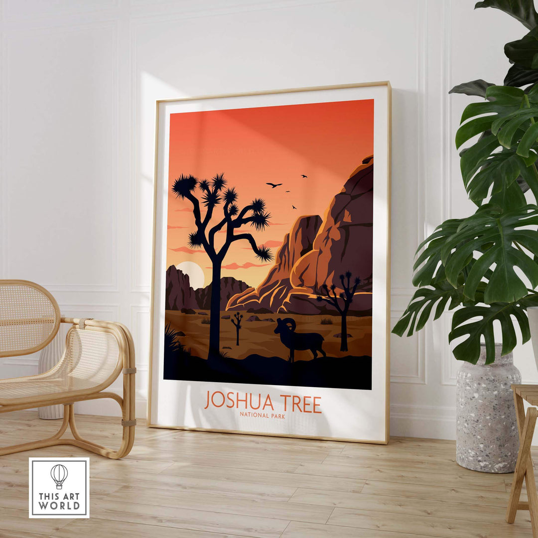 Joshua Tree wall art poster featuring a desert landscape, framed in minimalist style, perfect for home decor.