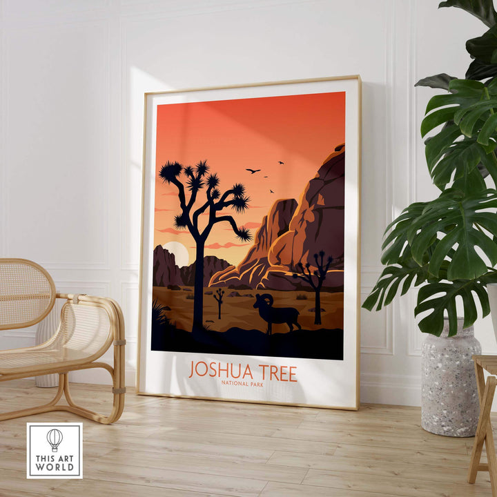 Joshua Tree wall art poster featuring a desert landscape, framed in minimalist style, perfect for home decor.