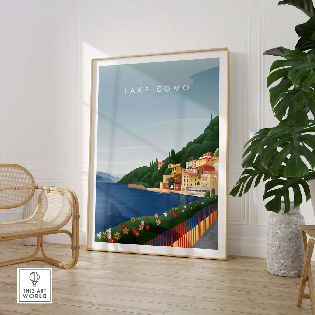 Framed Lake Como wall art poster featuring a picturesque view of colorful houses by the lake, ideal for travel enthusiasts.