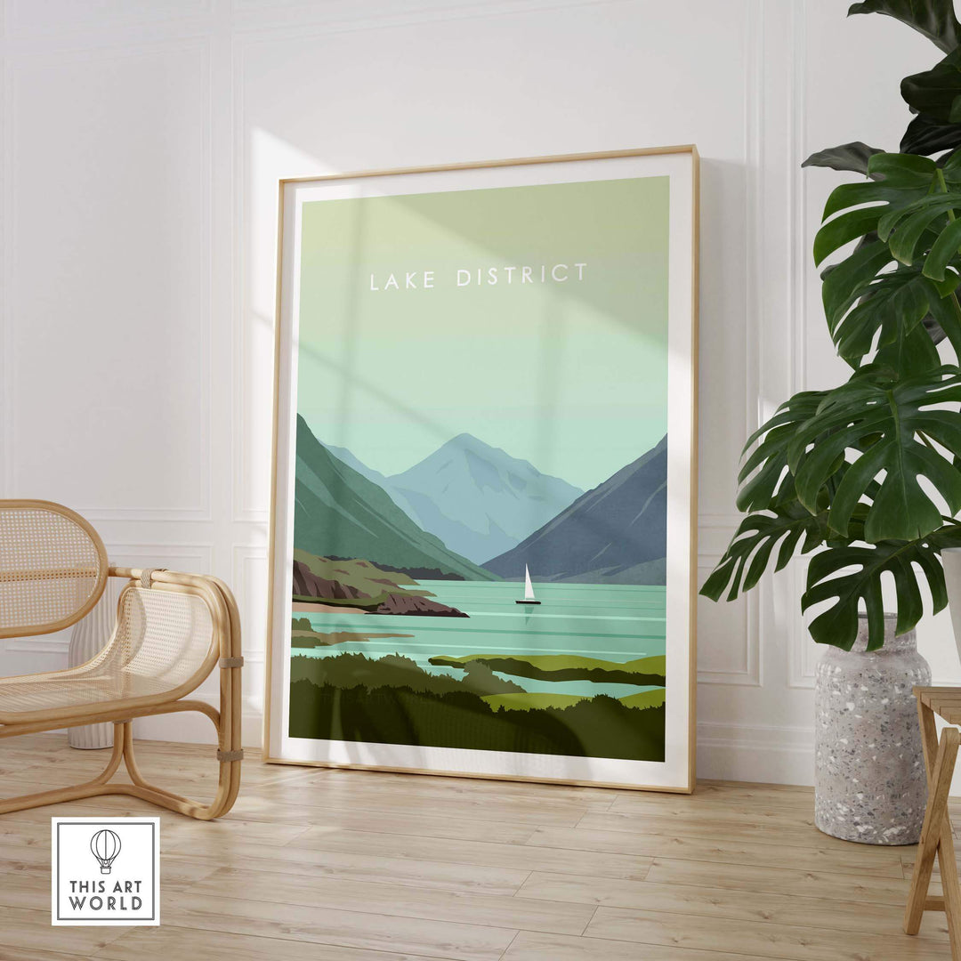 Lake District print wall art poster featuring serene mountains and lake with a sailboat, framed in a stylish interior setting.