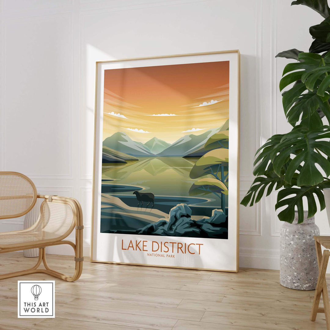 Lake District National Park poster art print in modern minimalist style displayed in a stylish indoor setting.