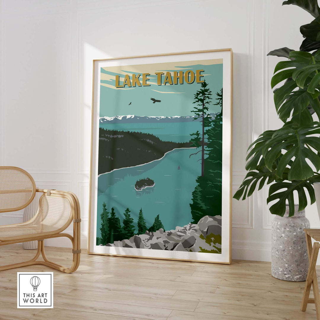 Lake Tahoe vintage print featuring lush landscapes and a serene lake view, perfect for nature-inspired decor.