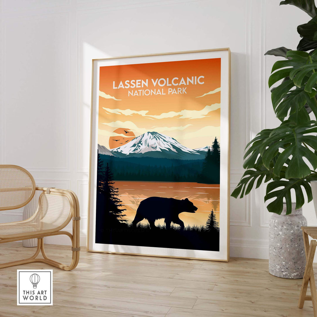Lassen Volcanic National Park poster featuring a bear silhouette against a sunset backdrop.
