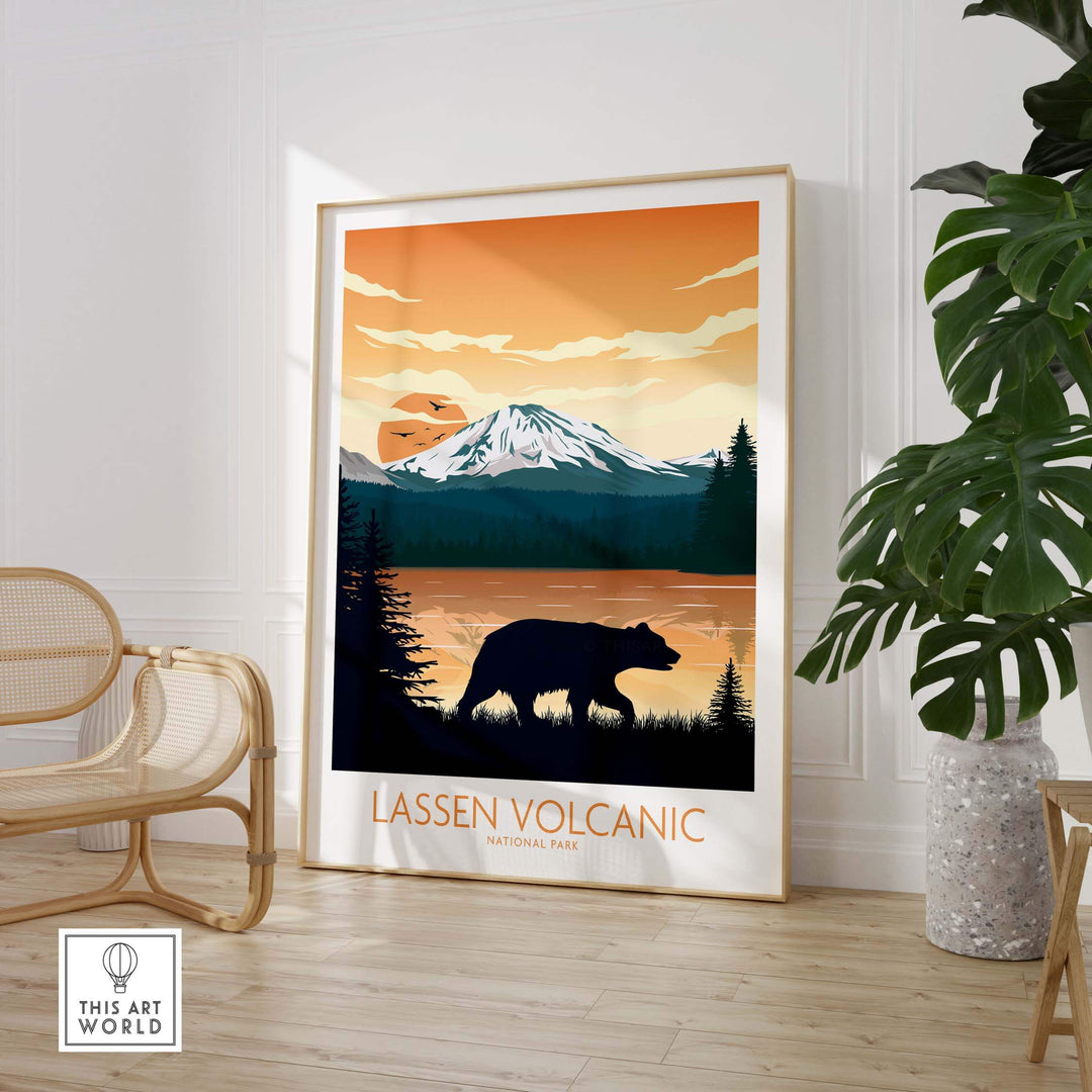 Lassen Volcanic National Park poster with bear silhouette, mountains, and sunset in a minimalist style.
