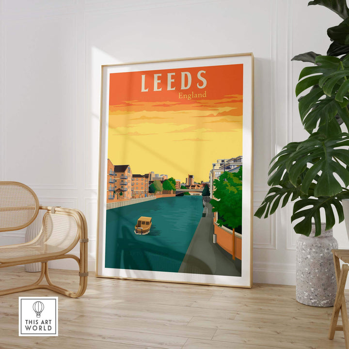 Leeds Poster Print depicting a vintage-style travel artwork of Leeds, England in a stylish interior setting.