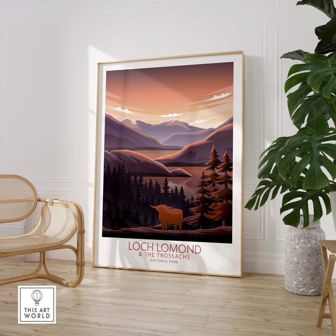 Loch Lomond and The Trossachs Print featuring mountains and trees in a modern minimalist style, perfect for home decor.