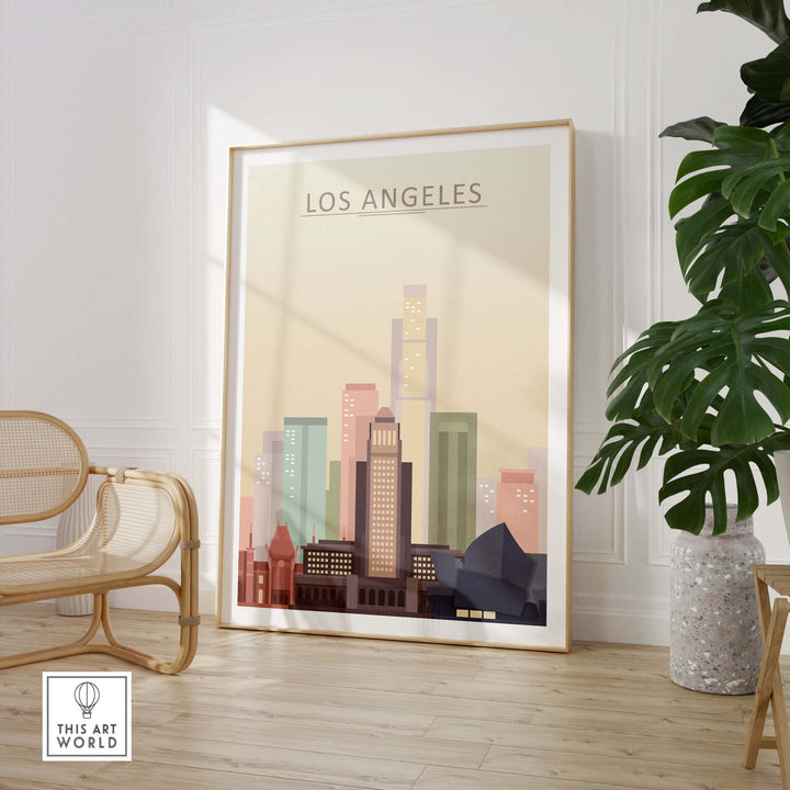 Los Angeles skyline poster in warm pastel tones displayed in a modern interior setting, perfect for wall art.