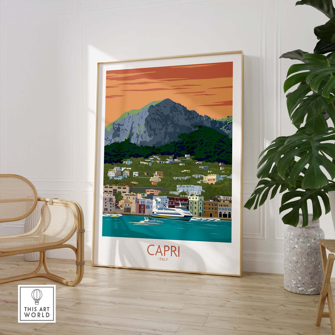 Capri Print travel poster featuring a serene landscape of Capri, Italy, in a minimalist style for home decor.