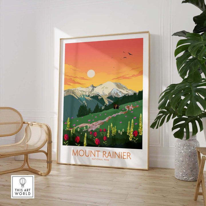 Minimalist Mount Rainier National Park poster art print featuring vibrant sunset and floral landscape.