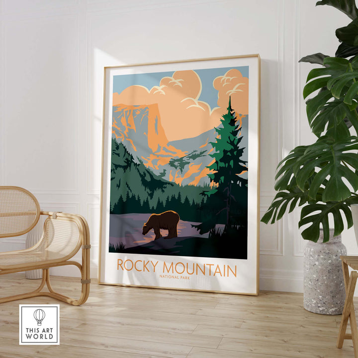 Rocky Mountain National Park poster featuring a bear and scenic mountains, perfect for home or office decor.