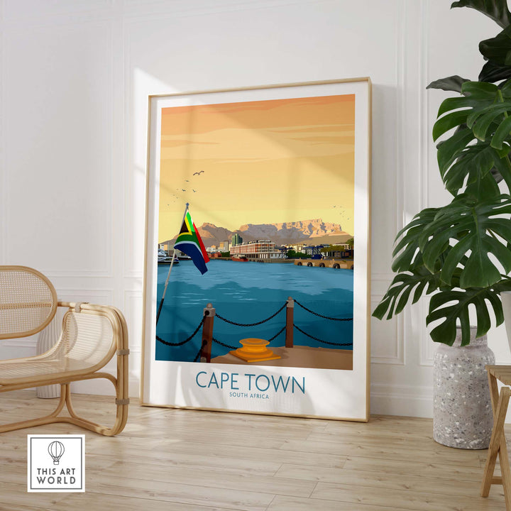 Cape Town print poster showcasing Table Mountain and coast, vibrant colors, framed artwork for home decor in South Africa.