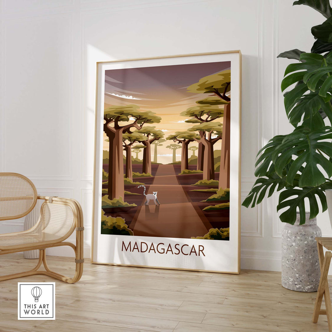 Madagascar poster showcasing a scenic vintage-inspired landscape featuring baobab trees and a wandering traveler.