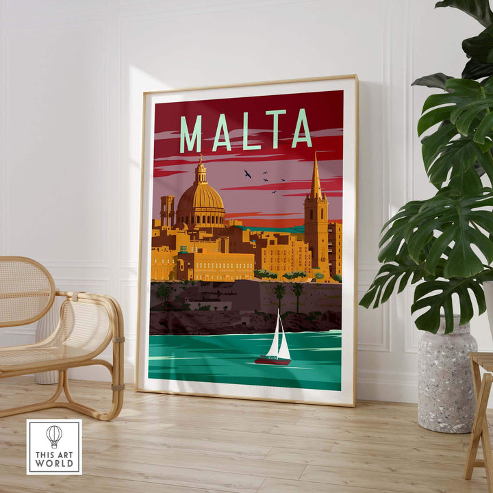 Malta Poster Print Wall Art showcasing a vibrant vintage-inspired illustration of Malta's skyline.