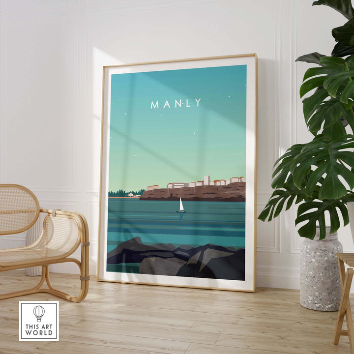 Framed Manly Australia vintage travel poster art print showcasing serene coastal landscape and sailboat.