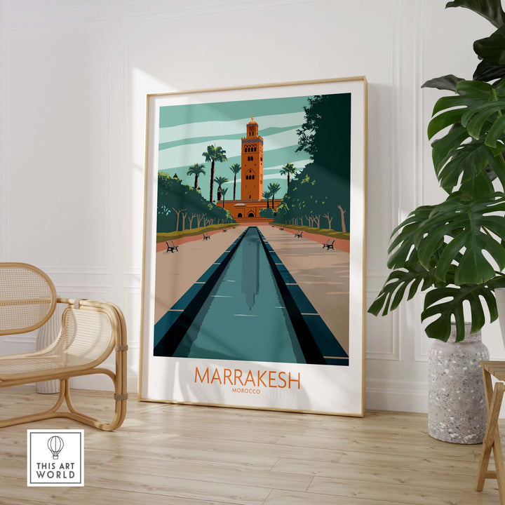 Marrakesh poster wall art featuring a Moroccan landscape and historic tower, perfect for home or office decor.
