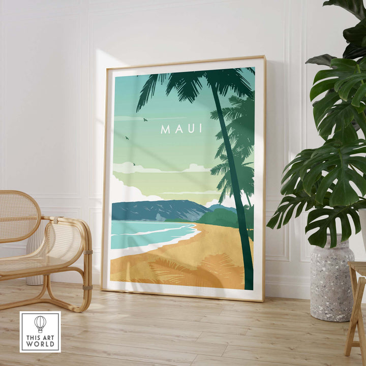 Maui print wall art poster featuring serene beach scene and palm trees, perfect for home decor and Hawaiian aesthetic.