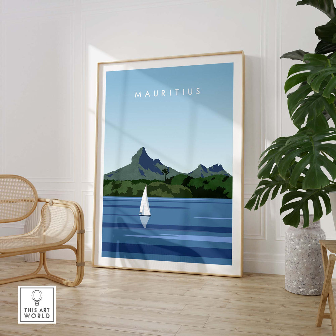 Mauritius travel poster print featuring sailboat and mountains, minimalist wall art for home decor.