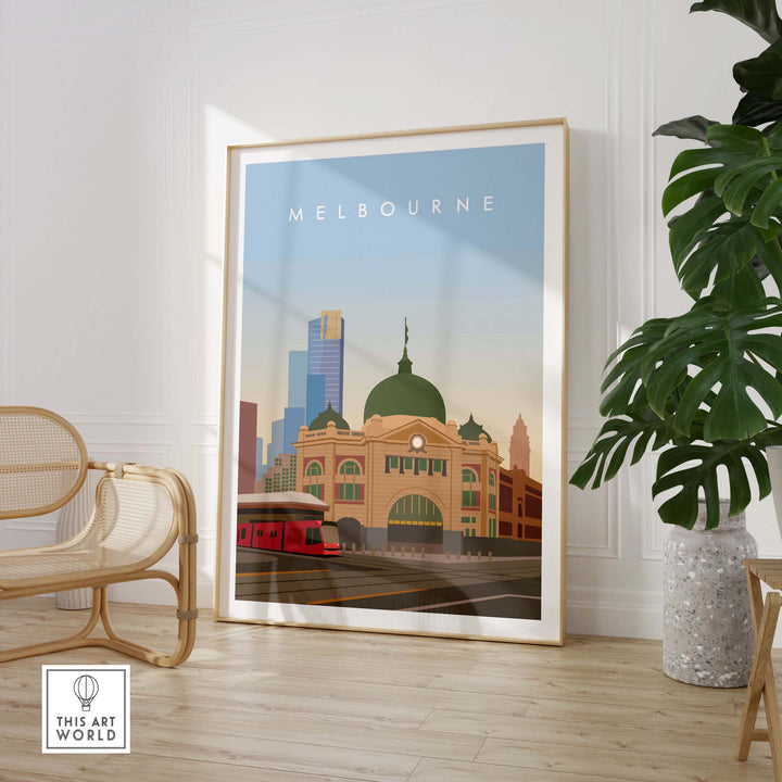 Melbourne wall art print showcasing the iconic Flinders Street Station in a minimalist design.